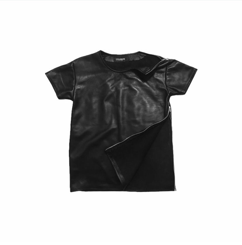 " Leather slim zipper tee "
