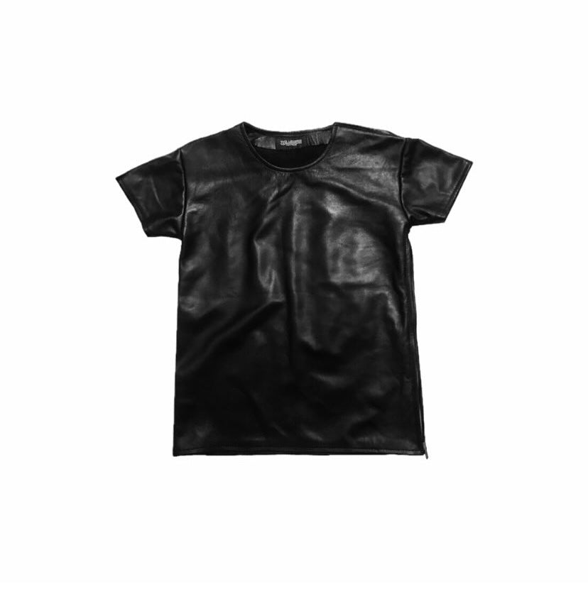 " Leather slim zipper tee "
